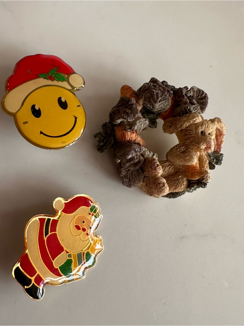 Vintage Christmas Festive Yellowed Brooches with Santa and wreath